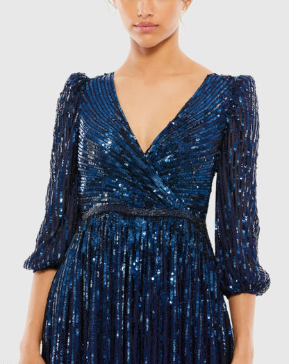 Mac Duggal Dark Blue Sequined Wrap Over 3/4 Sleeve Gown Duggal