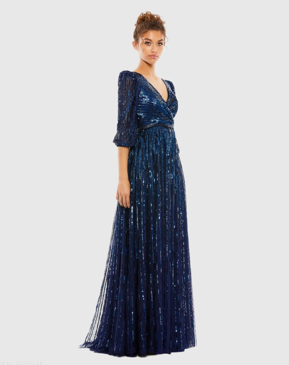 Mac Duggal Dark Blue Sequined Wrap Over 3/4 Sleeve Gown Duggal