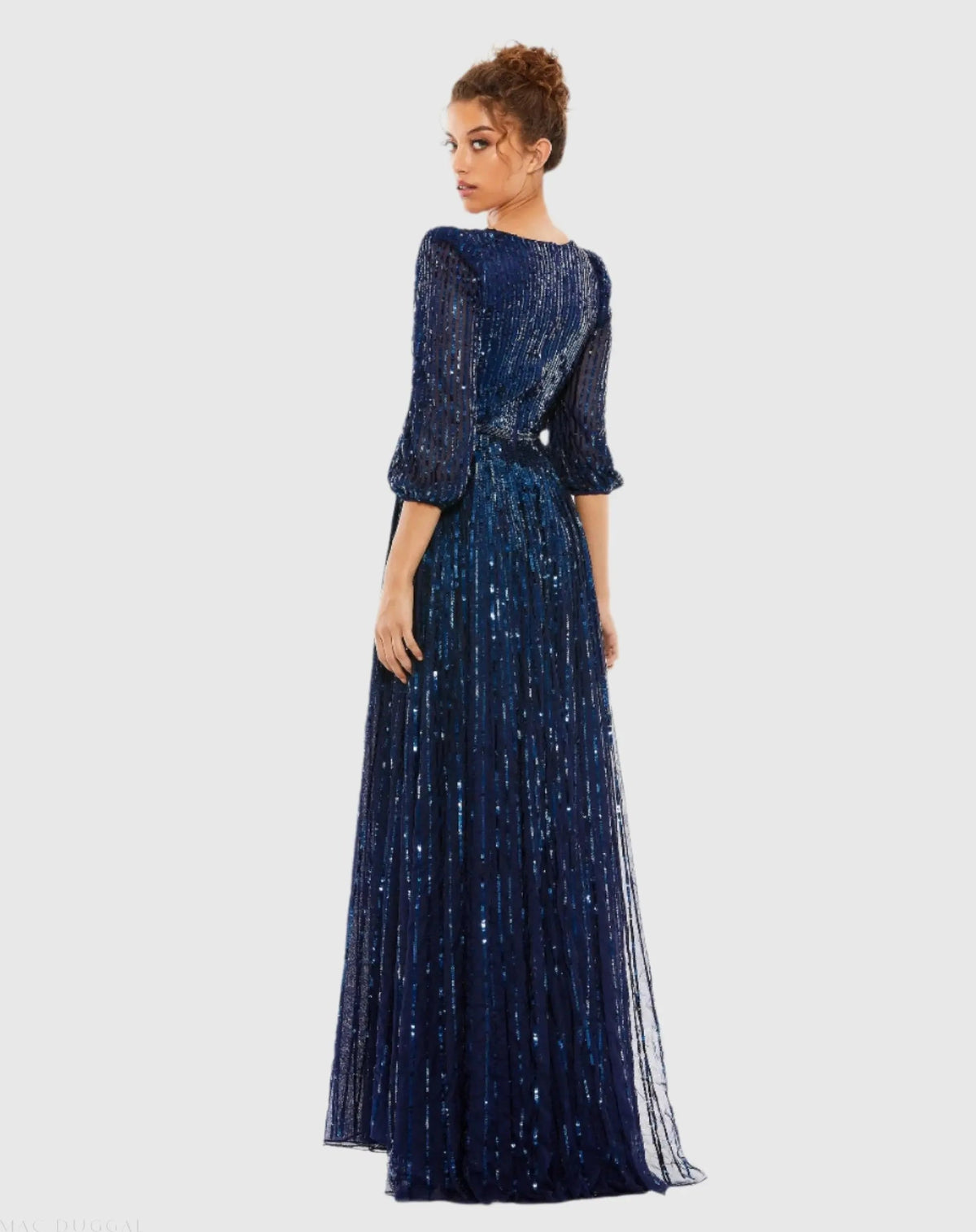 Mac Duggal Dark Blue Sequined Wrap Over 3/4 Sleeve Gown Duggal