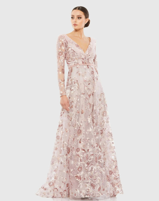Mac Duggal Pink Embellished V Neck Illusion Long Sleeve A Line Gown Duggal
