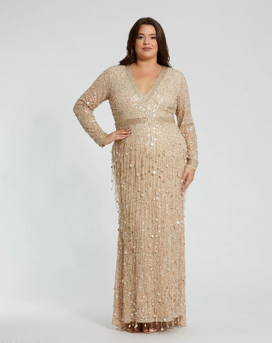 Mac Duggal Beige Embellished Fringe Long Sleeve Gown (Plus)
