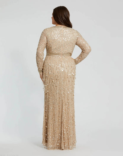 Mac Duggal Beige Embellished Fringe Long Sleeve Gown (Plus)