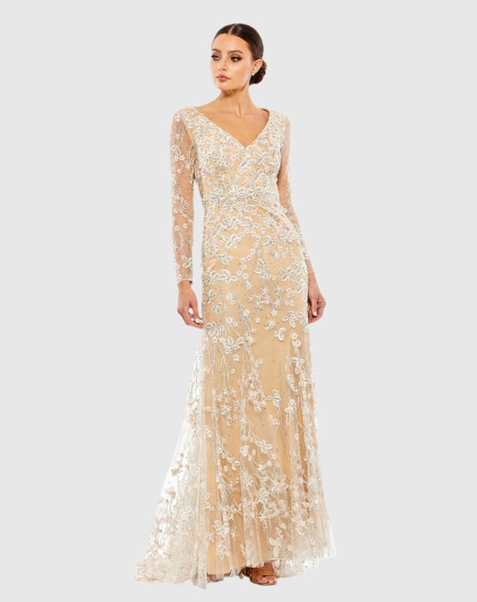 Mac Duggal Embroidered V Neck Long Sleeve Trumpet Gown Duggal