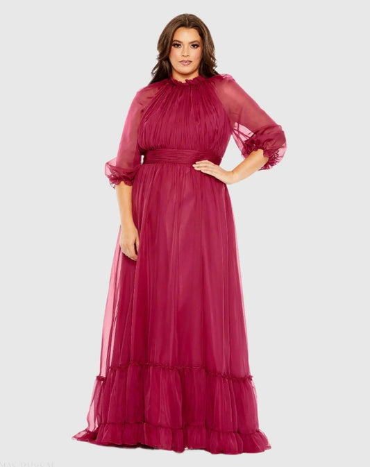 Mac Duggal Purple High Neck Puff Sleeve Tiered A Line Gown (Plus)