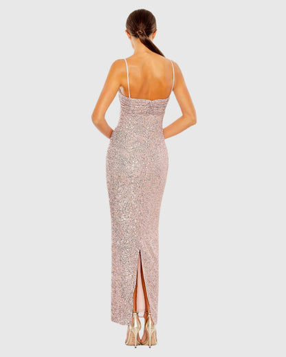 Mac Duggal Pink Sequined Faux Bow Column Dress