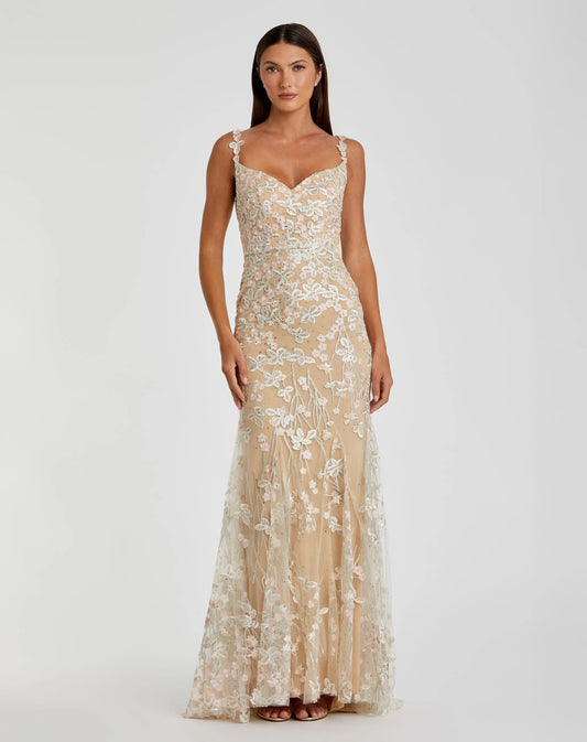 Mac Duggal Beige Floral Embroidered Tulle Trumpet Gown