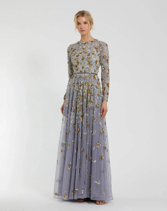 Mac Duggal Platinum Embellished High Neck Long Sleeve A Line Gown