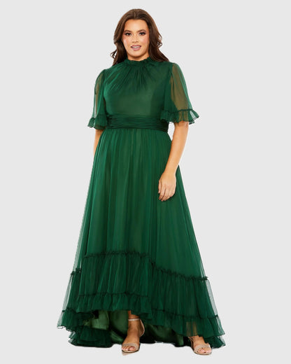 Mac Duggal Green Ruffle Tiered High Low Flutter Sleeve Gown (Plus)