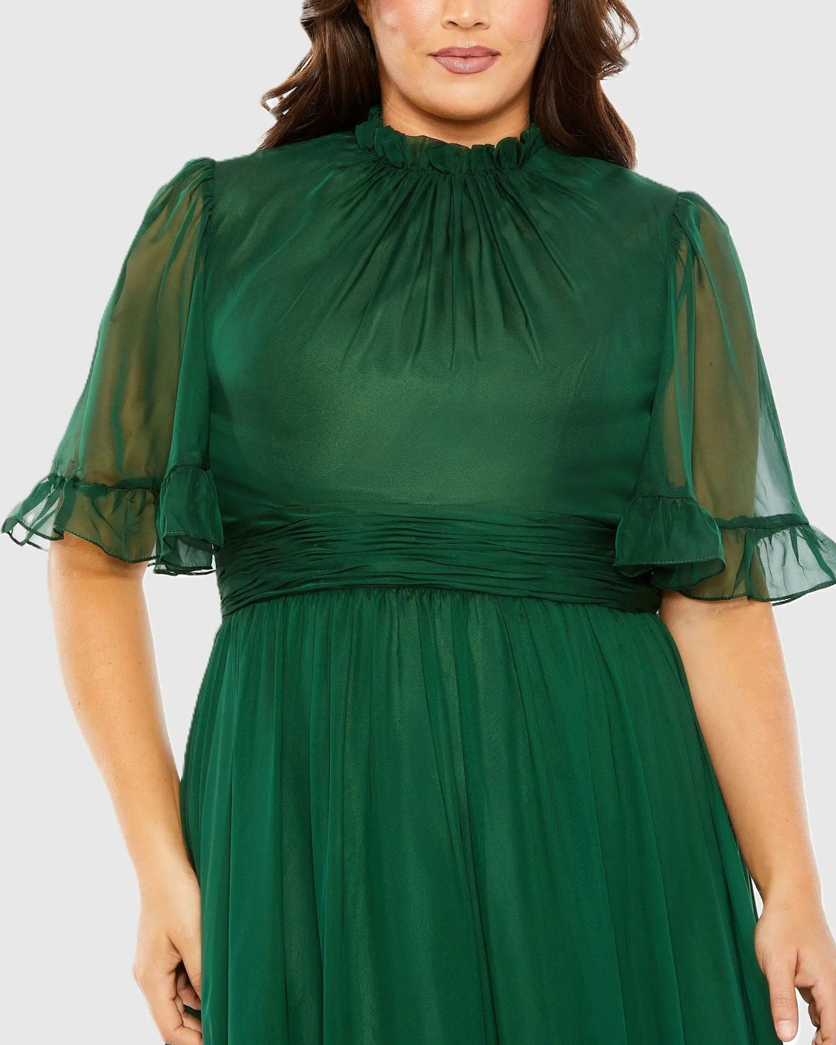 Mac Duggal Green Ruffle Tiered High Low Flutter Sleeve Gown (Plus)