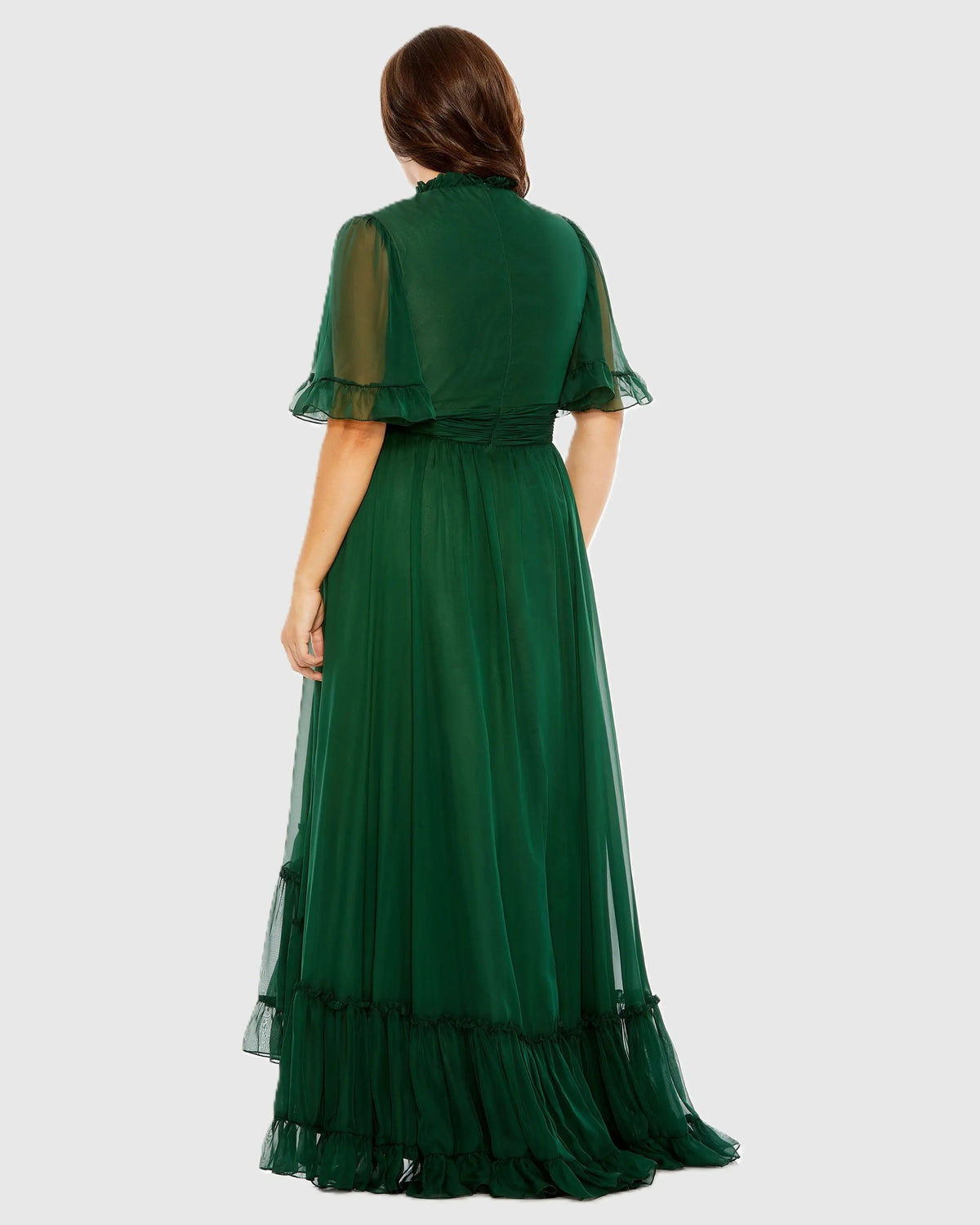 Mac Duggal Green Ruffle Tiered High Low Flutter Sleeve Gown (Plus)