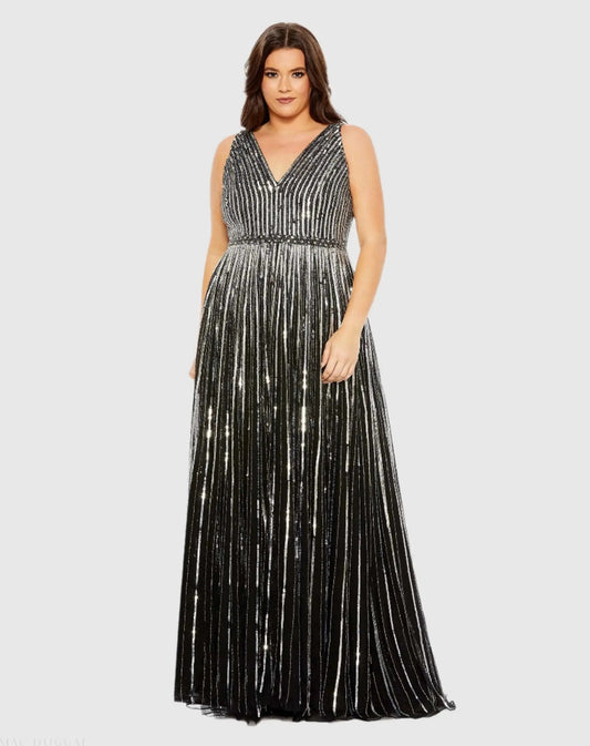 Mac Duggal Black Sequin Stripe Sleeveless V-neck A Line Gown (Plus)