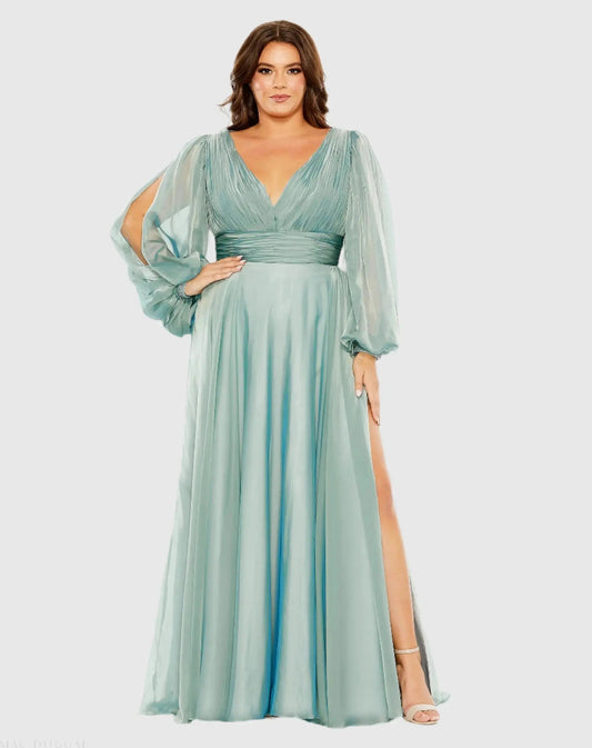Mac Duggal Blue Puff Sleeve w/ Embellished Cuff V Neck A Line Gown (Plus)