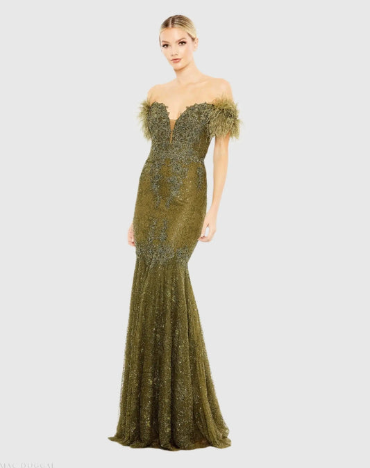 Mac Duggal Olive Green Off The Shoulder Embellished Lace Feather Trim Gown