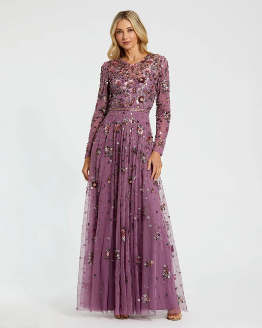 Mac Duggal Purple Long Sleeve High Neck Beaded Gown Duggal