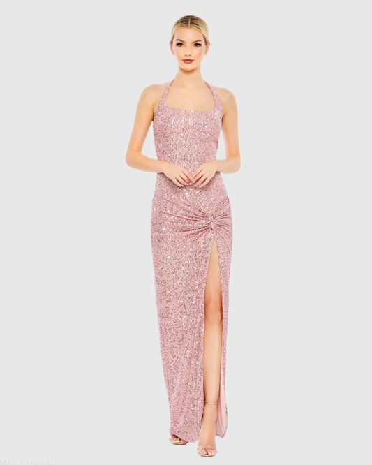 Mac Duggal Pink Sequined Halter Strap Low Side Knot Gown Duggal