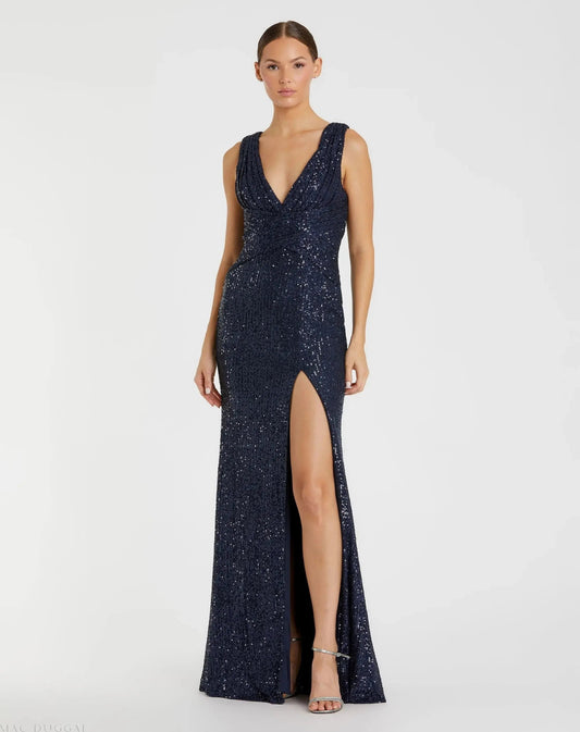 Mac Duggal Navy V-Neck Sequin Wrap Waist Gown Duggal