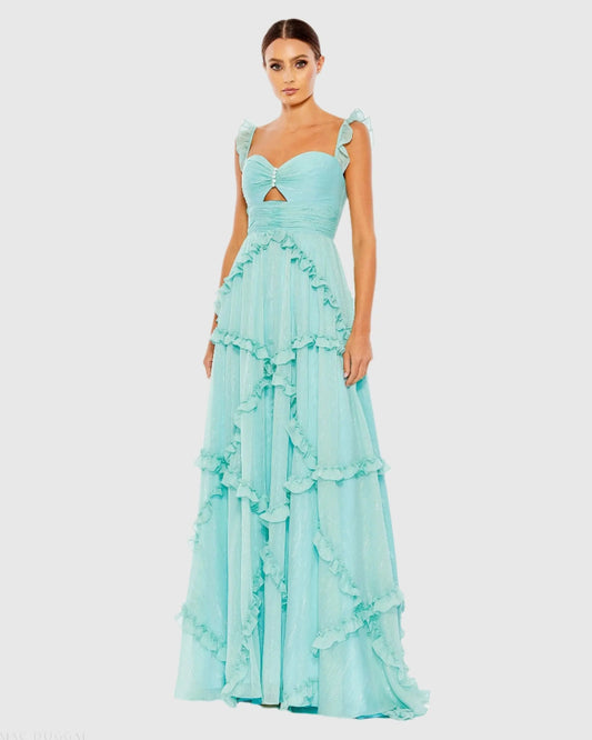 Mac Duggal Blue Ruffle Tiered Sleeveless Flowy A Line Gown Duggal