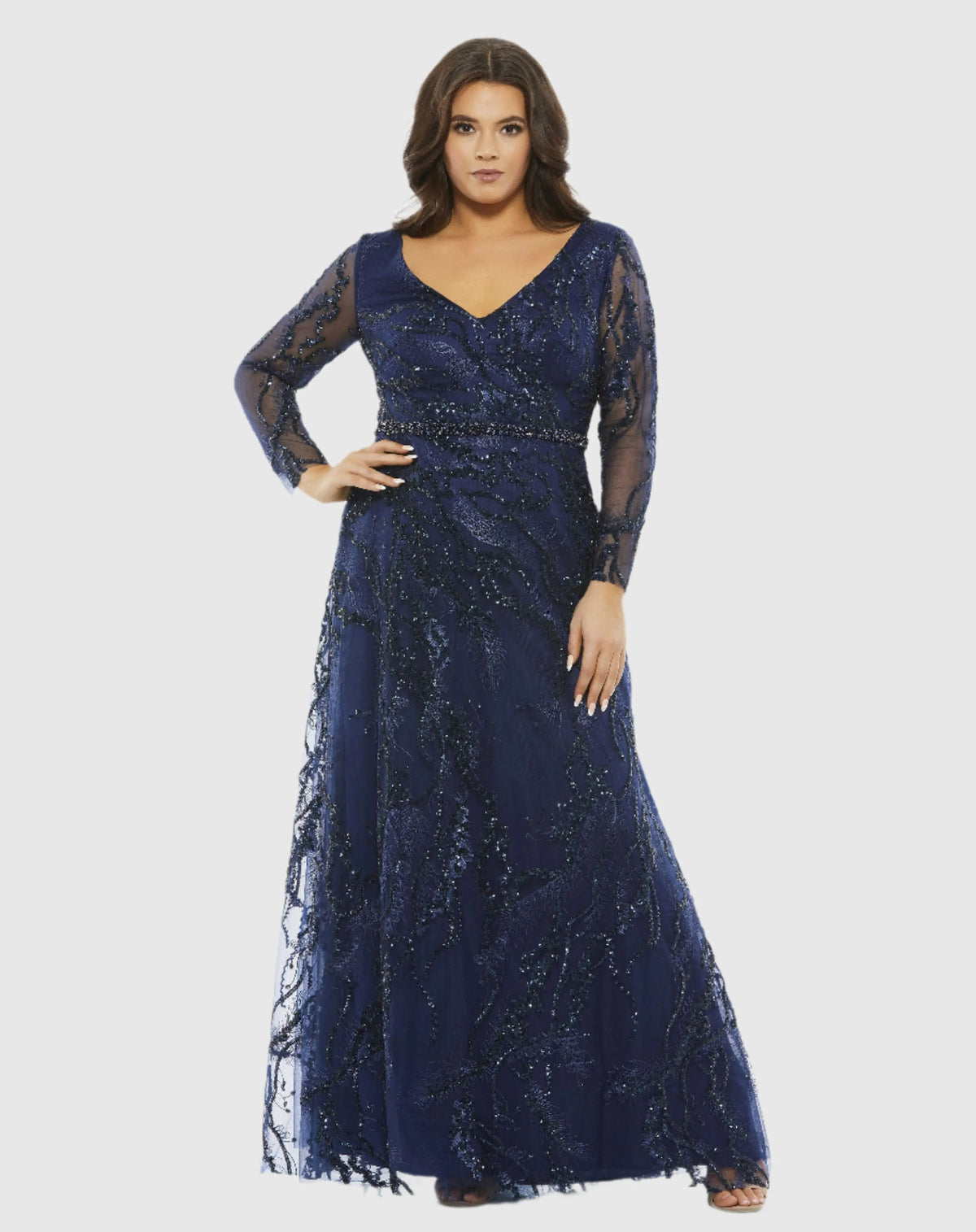 Mac Duggal Embellished Illusion Long Sleeve V-Neck A-Line Gown (Plus)