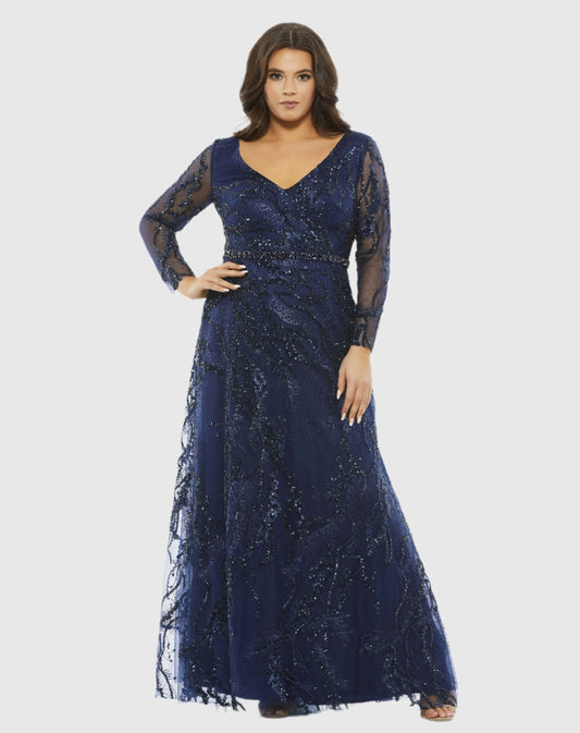 Mac Duggal Embellished Illusion Long Sleeve V-Neck A-Line Gown (Plus)