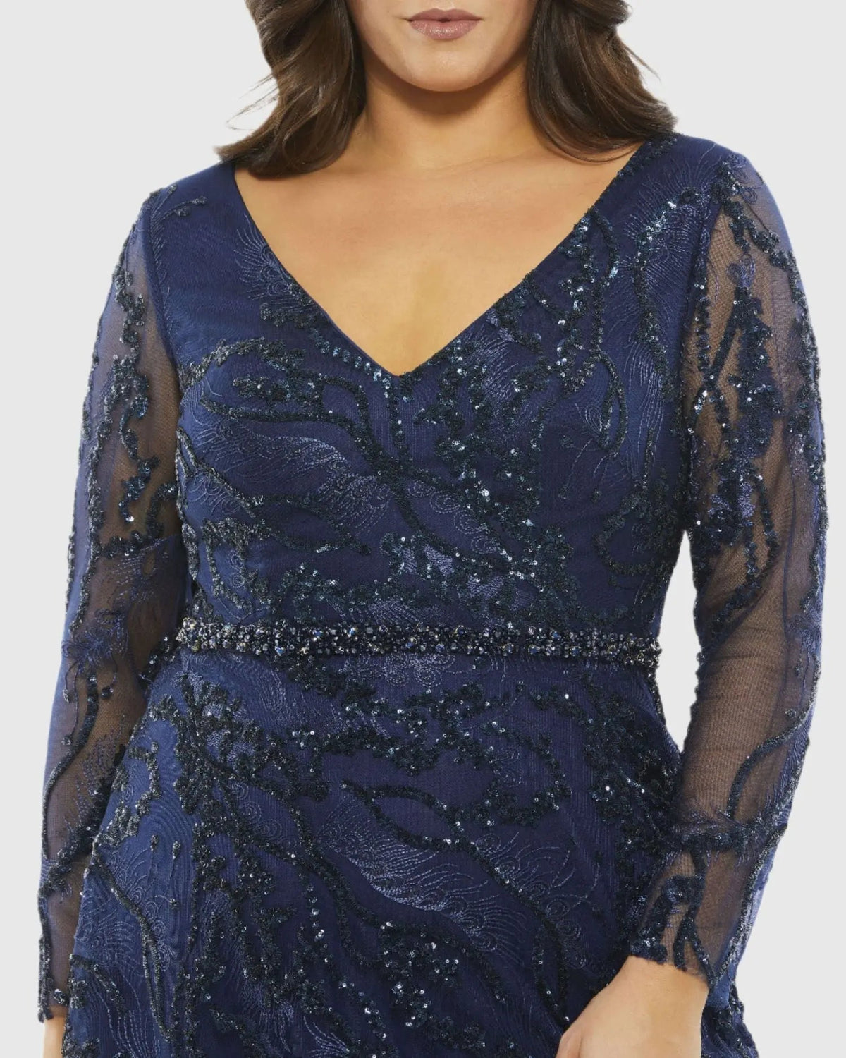 Mac Duggal Embellished Illusion Long Sleeve V-Neck A-Line Gown (Plus)