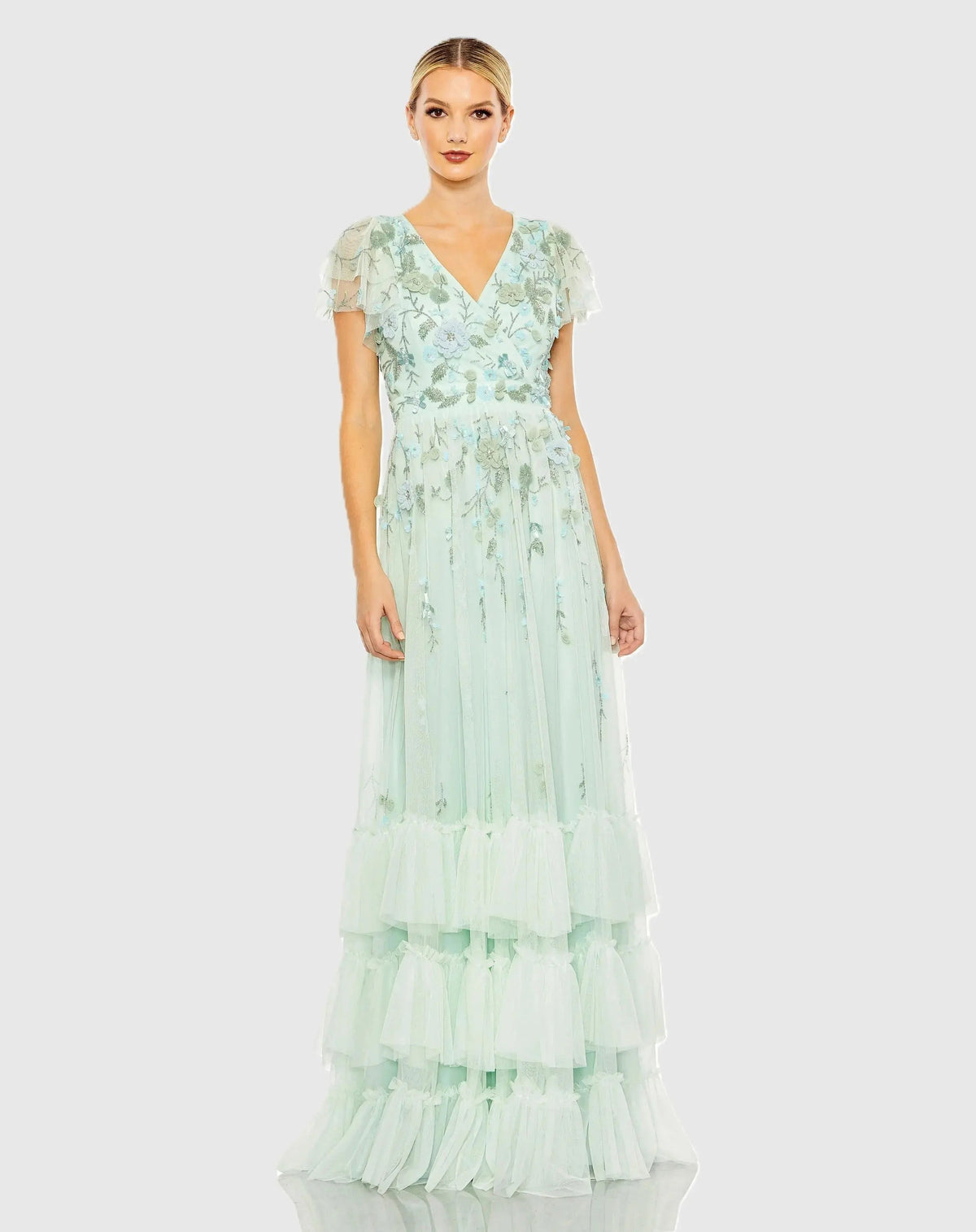 Mac Duggal Green Ruffle Tiered Embellished Faux Wrap Flutter Sleeve Gown