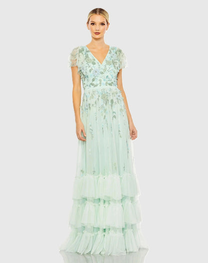 Mac Duggal Green Ruffle Tiered Embellished Faux Wrap Flutter Sleeve Gown