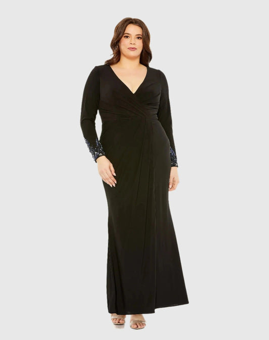 Mac Duggal Black Long Crystal Detail Sleeve V Neck Gown