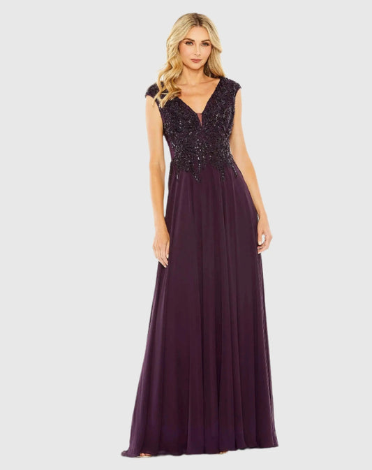 Mac Duggal Purple Cap Sleeve Applique Bodice Flowy Gown