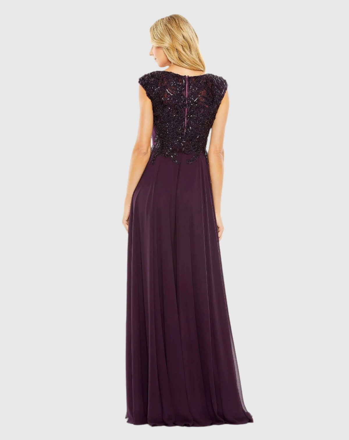 Mac Duggal Purple Cap Sleeve Applique Bodice Flowy Gown
