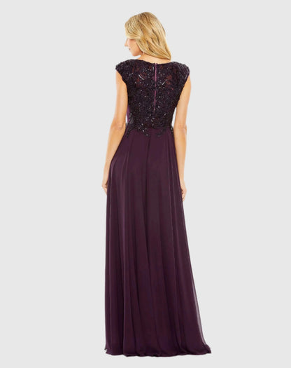 Mac Duggal Purple Cap Sleeve Applique Bodice Flowy Gown