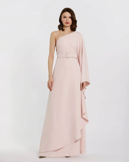 Mac Duggal Pink Crepe One Sleeve Belted Kaftan Dress