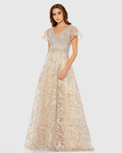 Mac Duggal Beige Embellished Illusion Butterfly Sleeve A-Line Gown Duggal