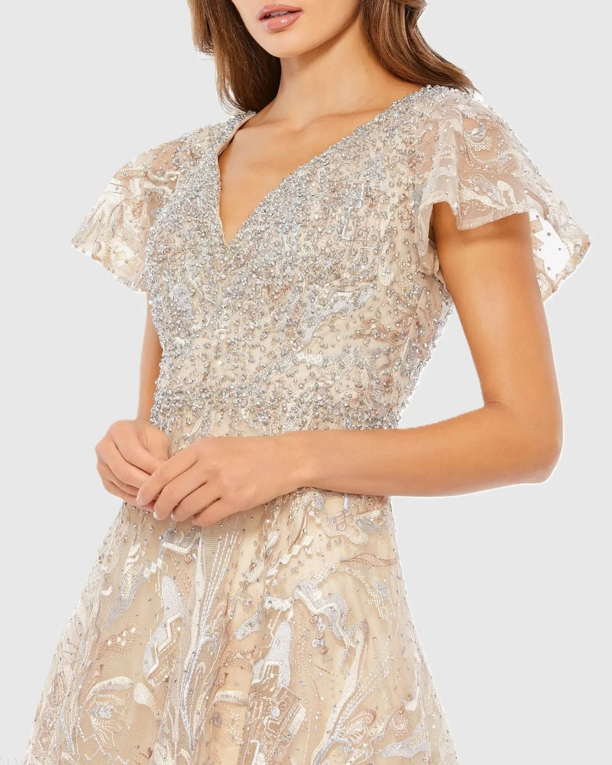 Mac Duggal Beige Embellished Illusion Butterfly Sleeve A-Line Gown Duggal