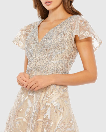 Mac Duggal Beige Embellished Illusion Butterfly Sleeve A-Line Gown Duggal