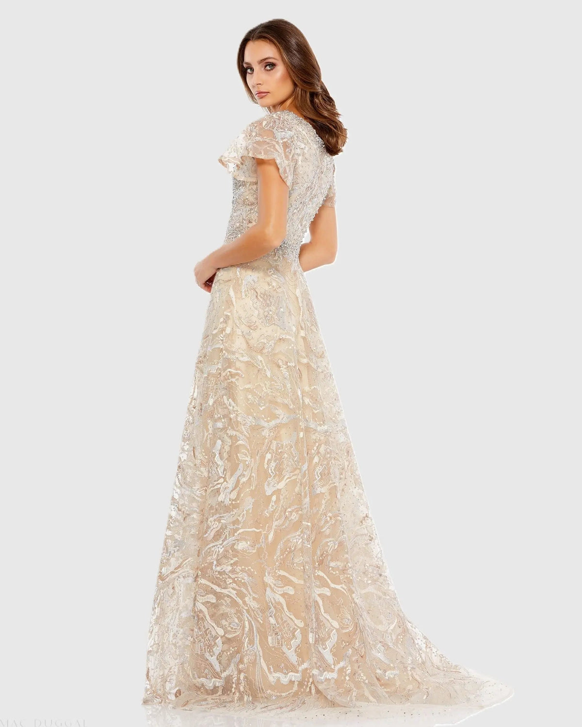 Mac Duggal Beige Embellished Illusion Butterfly Sleeve A-Line Gown Duggal