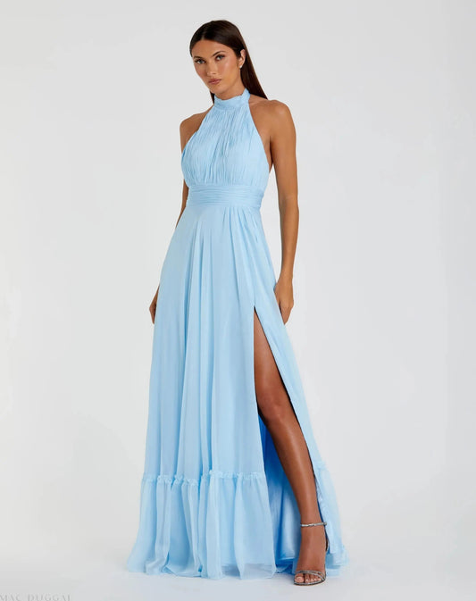 Mac Duggal Blue High Neck Tiered Chiffon Halter Gown Duggal