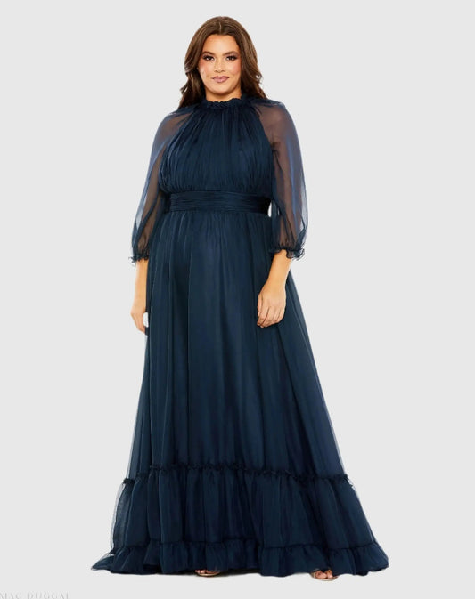 Mac Duggal Navy High Neck Puff Sleeve Tiered A Line Gown (Plus)