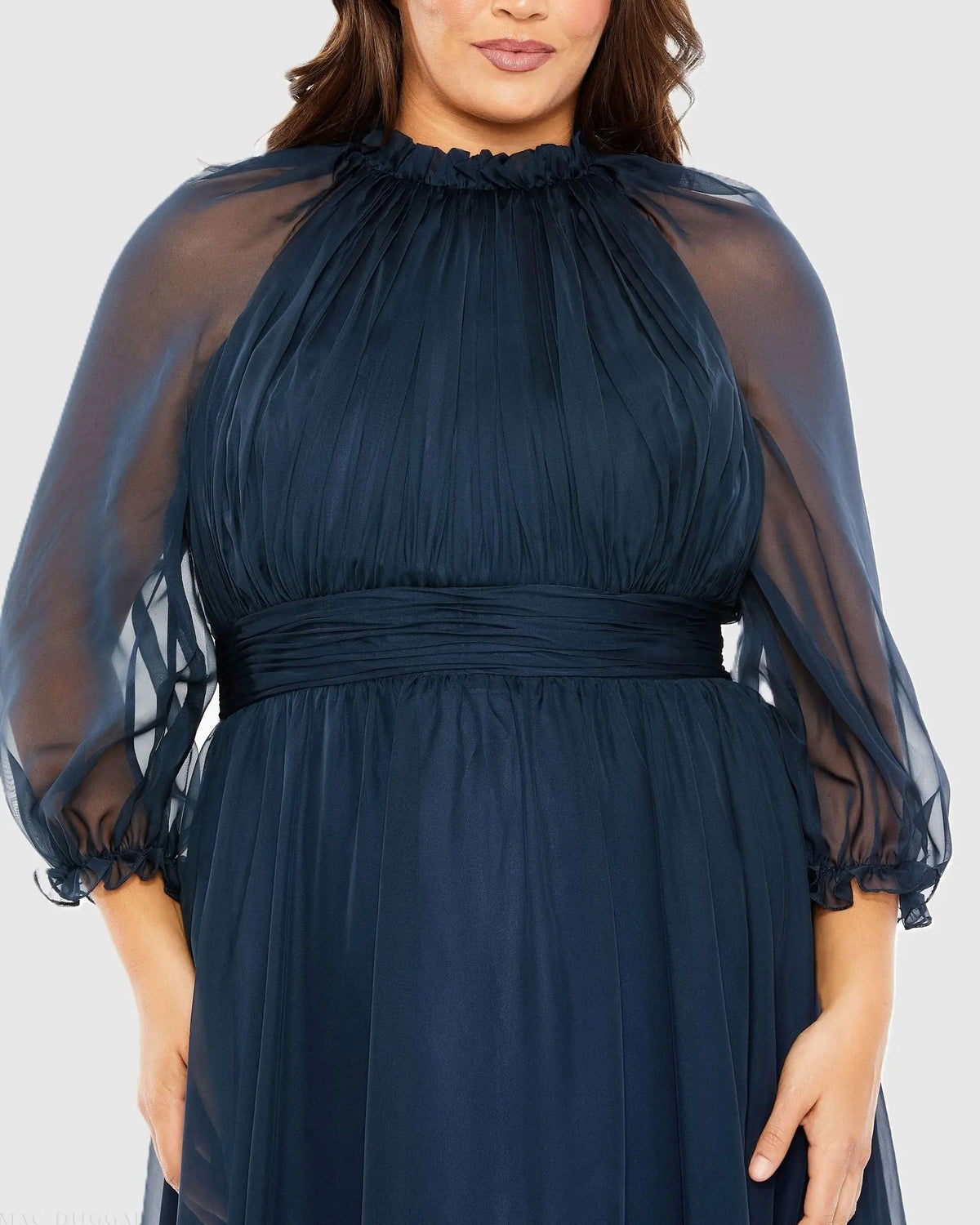 Mac Duggal Navy High Neck Puff Sleeve Tiered A Line Gown (Plus)