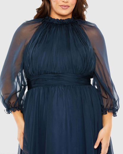 Mac Duggal Navy High Neck Puff Sleeve Tiered A Line Gown (Plus)