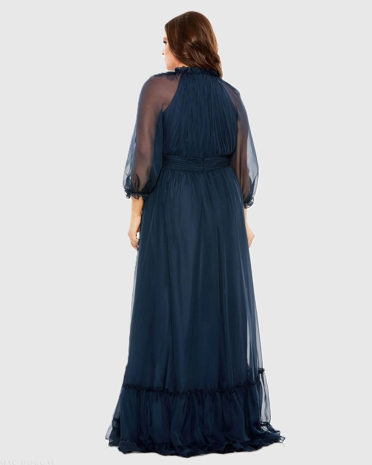 Mac Duggal Navy High Neck Puff Sleeve Tiered A Line Gown (Plus)