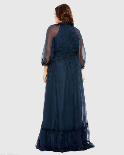 Mac Duggal Navy High Neck Puff Sleeve Tiered A Line Gown (Plus)