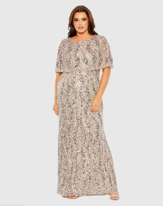 Mac Duggal Beige High Neck Column Gown with Cape (Plus)
