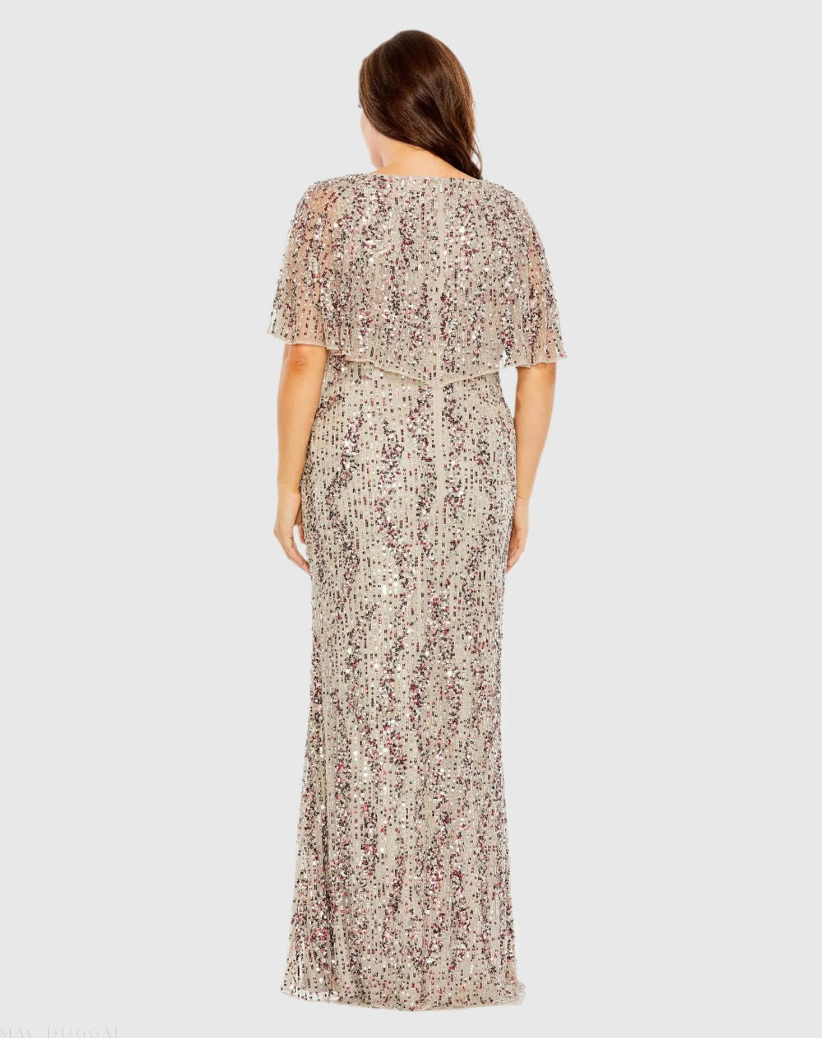 Mac Duggal Beige High Neck Column Gown with Cape (Plus)