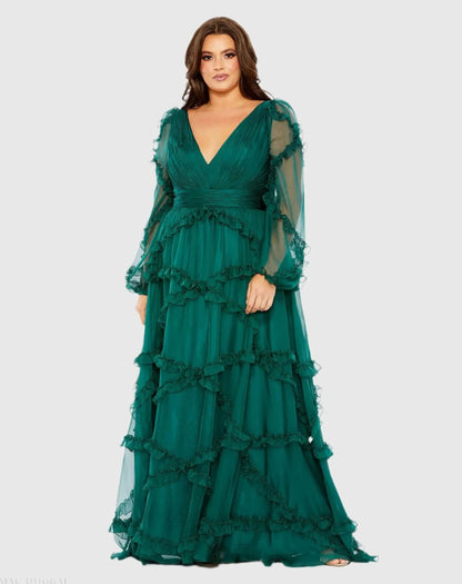 Mac Duggal Green V Neck Ruffle Tiered Puff Sleeve Gown (Plus)