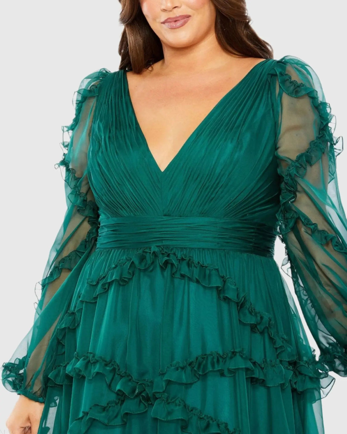 Mac Duggal Green V Neck Ruffle Tiered Puff Sleeve Gown (Plus)