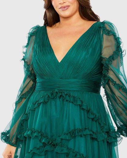 Mac Duggal Green V Neck Ruffle Tiered Puff Sleeve Gown (Plus)
