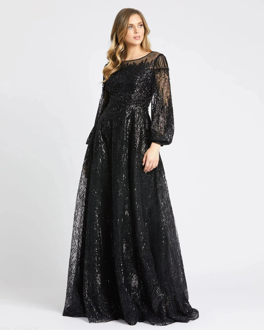 Mac Duggal Black Jewel Encrusted Illusion Long Sleeve A Line Gown Duggal