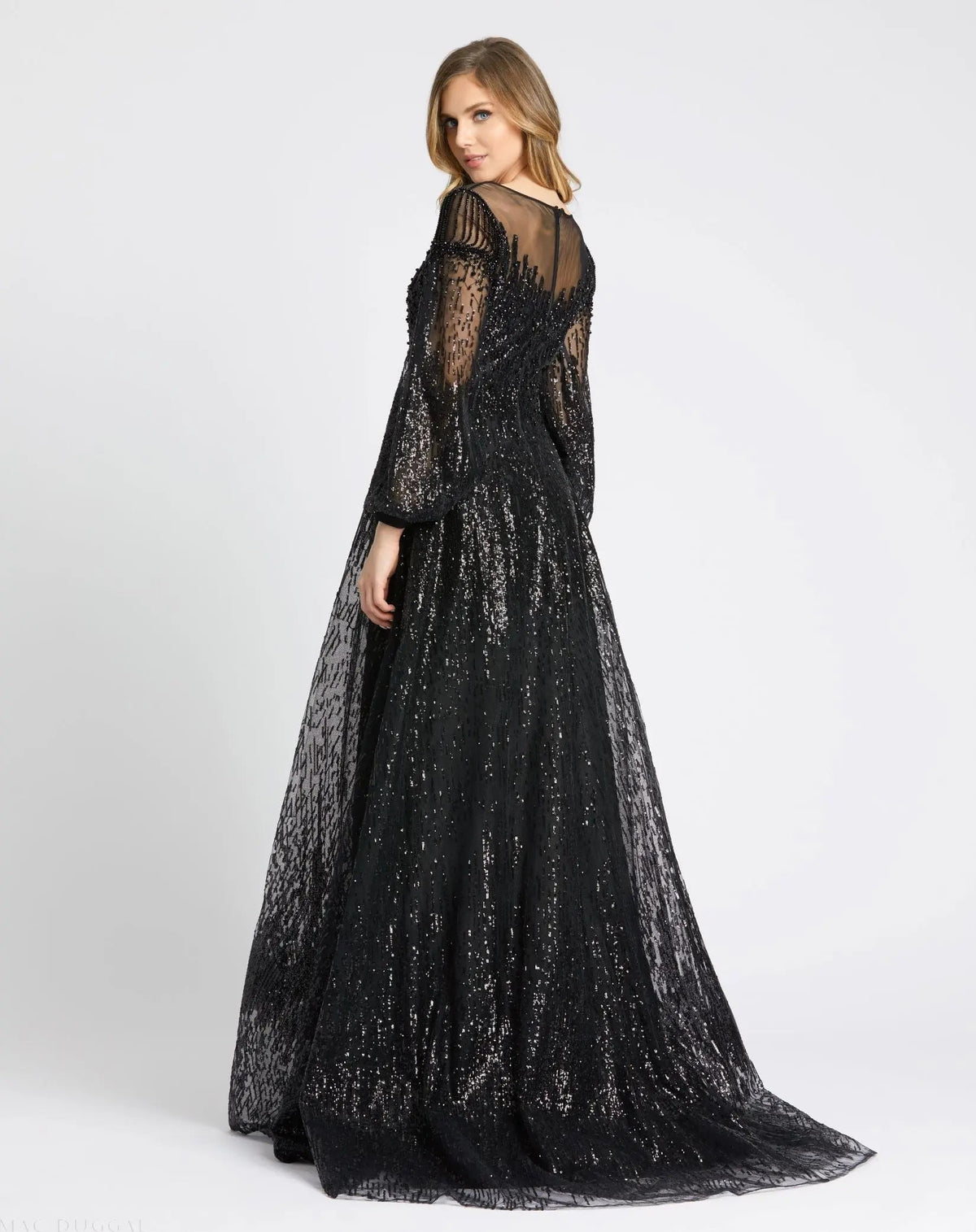 Mac Duggal Black Jewel Encrusted Illusion Long Sleeve A Line Gown Duggal