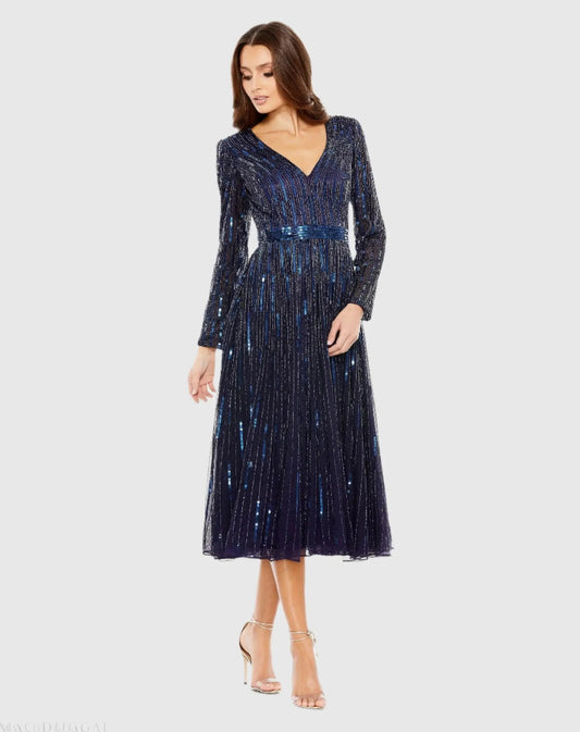 Mac Duggal Navy Long Sleeve Tea Length Dress Duggal