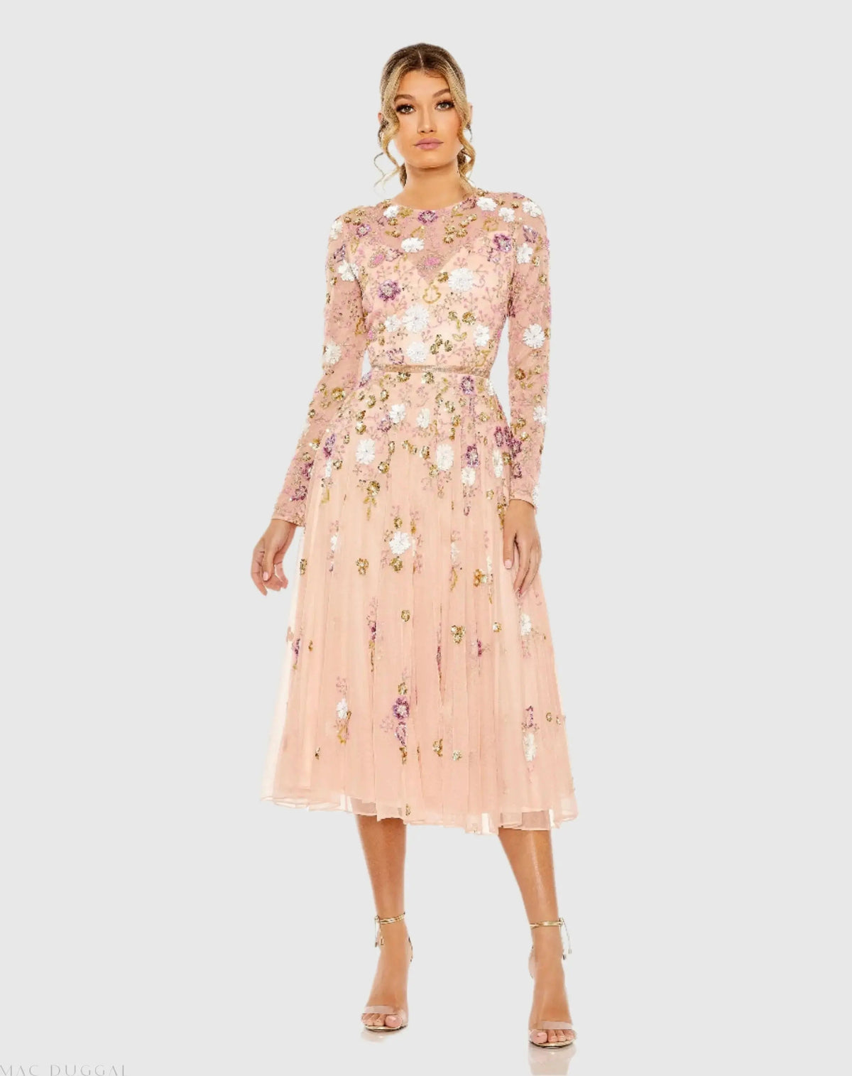 Mac Duggal Pink Sequined Floral Long Sleeve High Neck Midi Dress Duggal